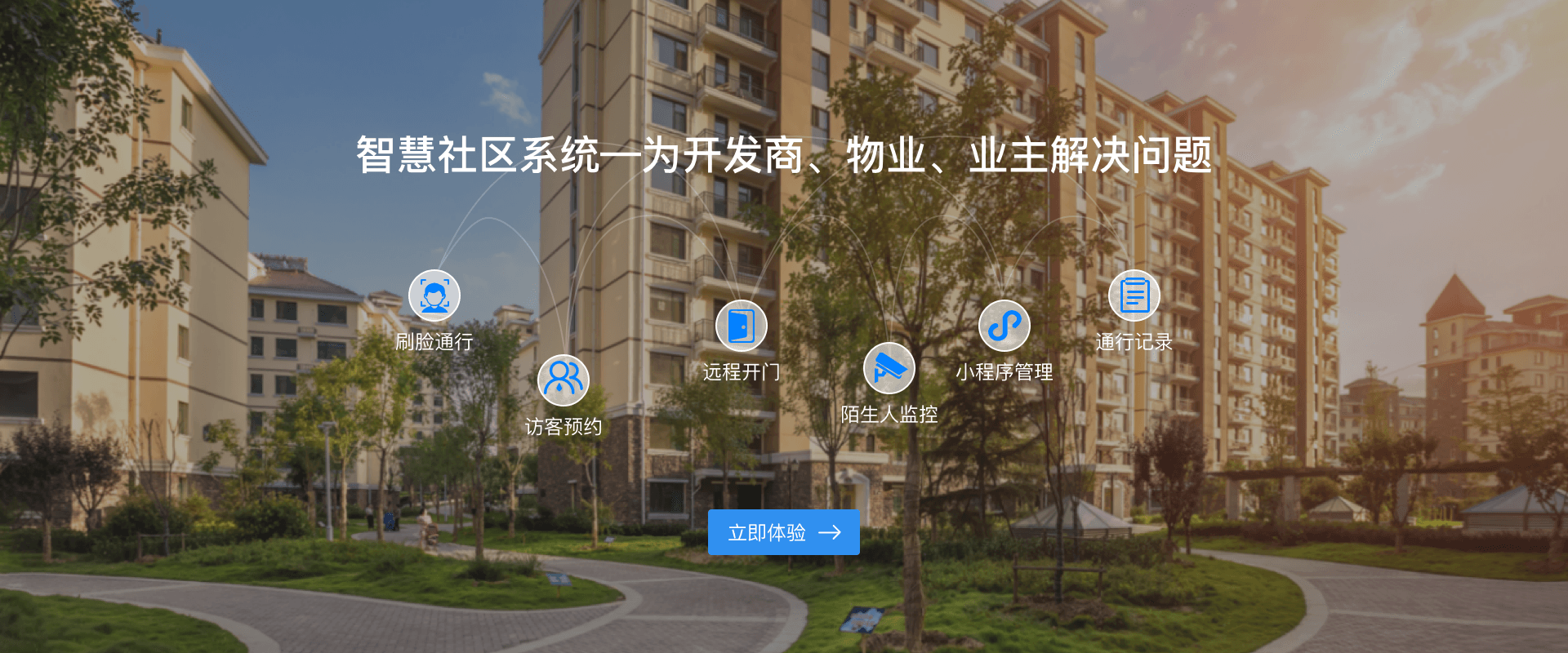 智慧社区人脸识别门禁系统，智慧社区门禁系统为开发商、业主、物业解决问题：刷脸通行、访客预约、远程开门、陌生人监控、小程序管理、通行记录。-